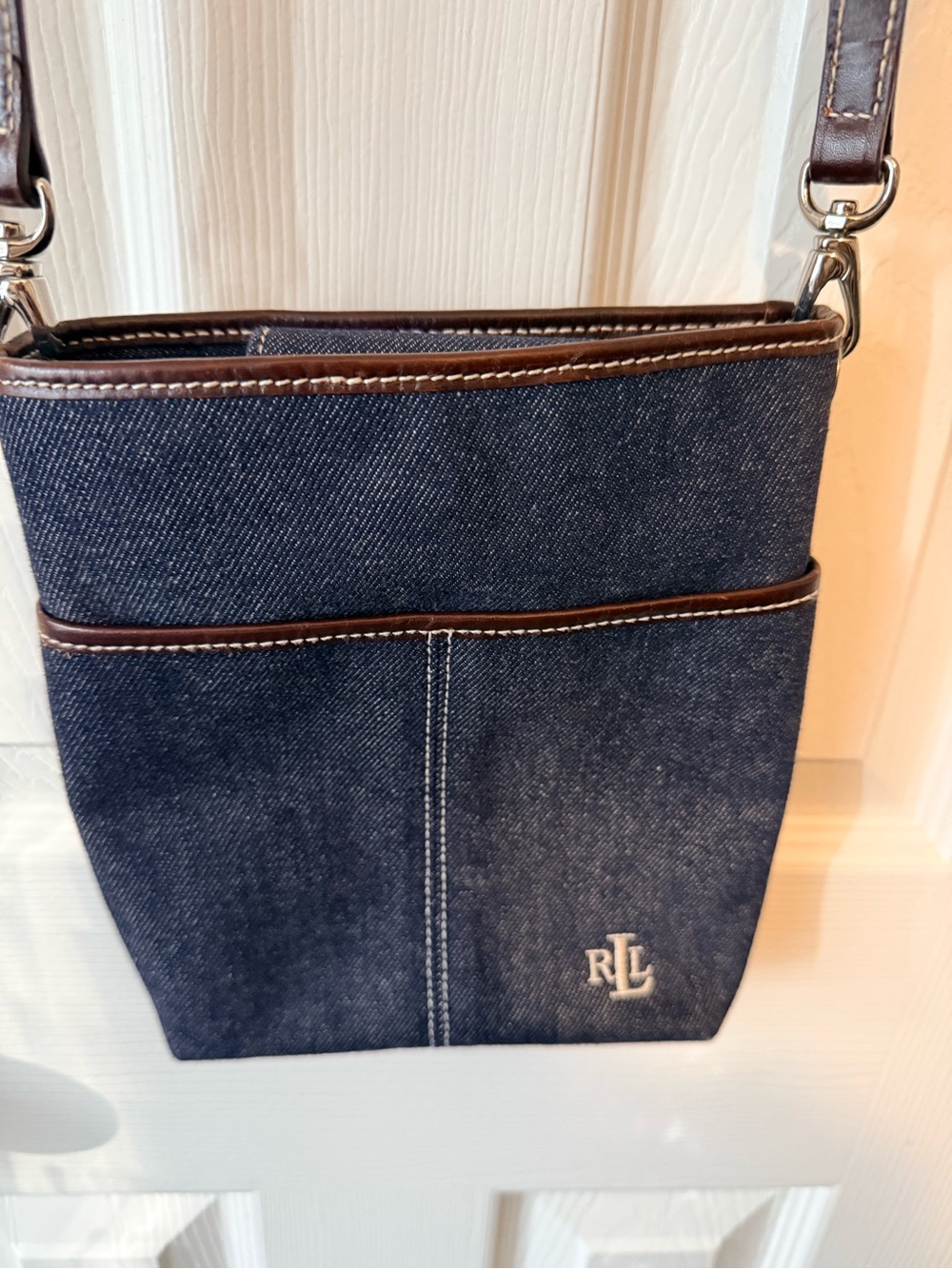 Ralph Lauren Navy Denim Crossbody with Brown Trim